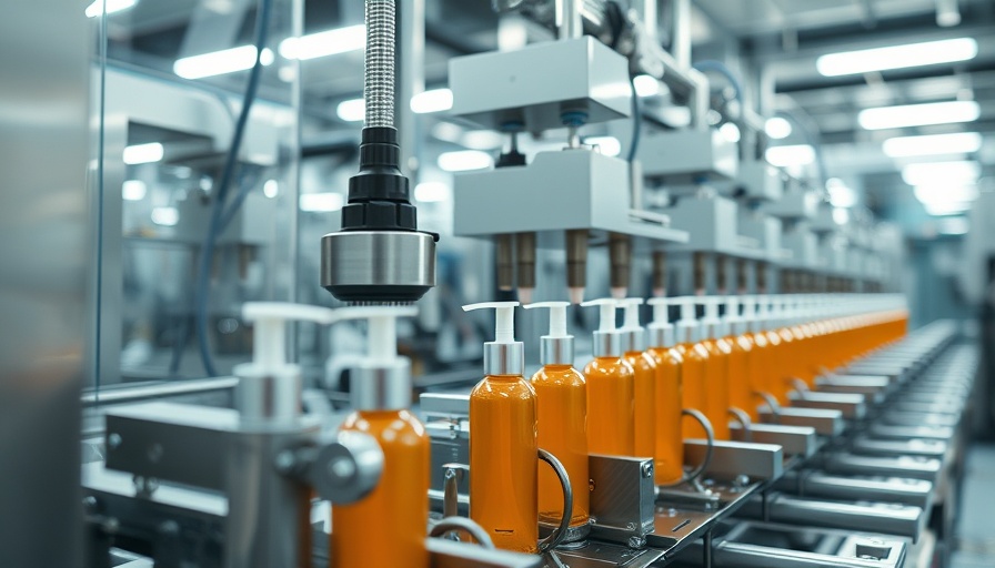 AI-driven beauty product manufacturing line with automated bottling.