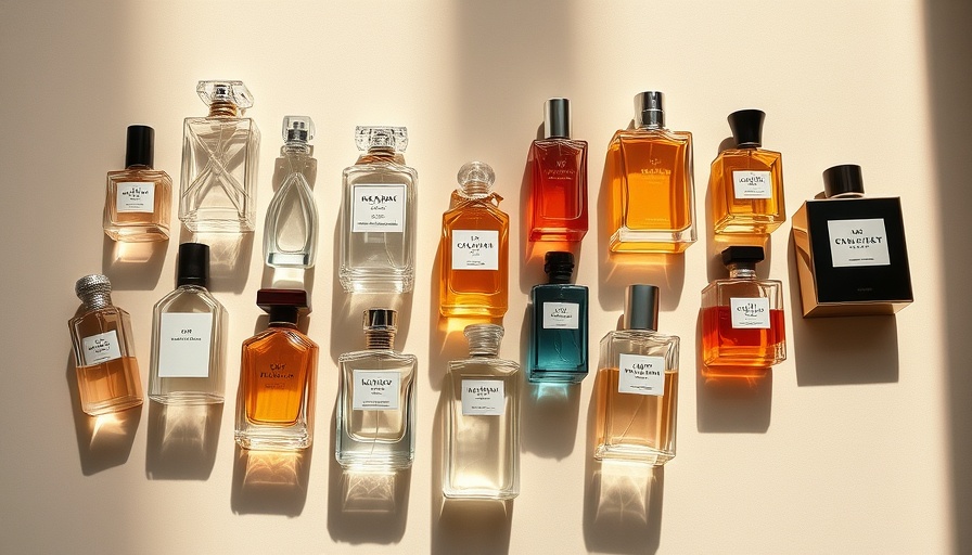 Elegant display of functional fragrances for emotional wellness, assorted colorful bottles.