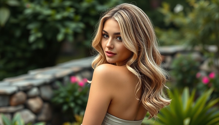 Blonde woman in garden with elegant style, natural lighting