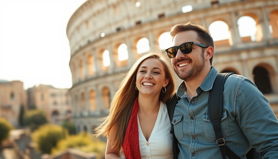 Romantic couple enjoying travel near the Colosseum, embracing love.