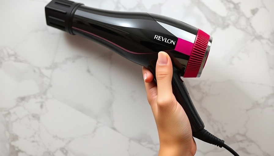 Revlon One-Step Hair Dryer Volumizer being held, marble backdrop.