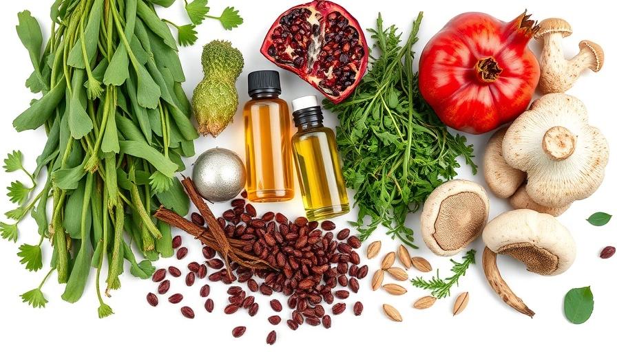 Organic ingredients for plant-based skincare featuring seaweeds, pomegranate, oils.