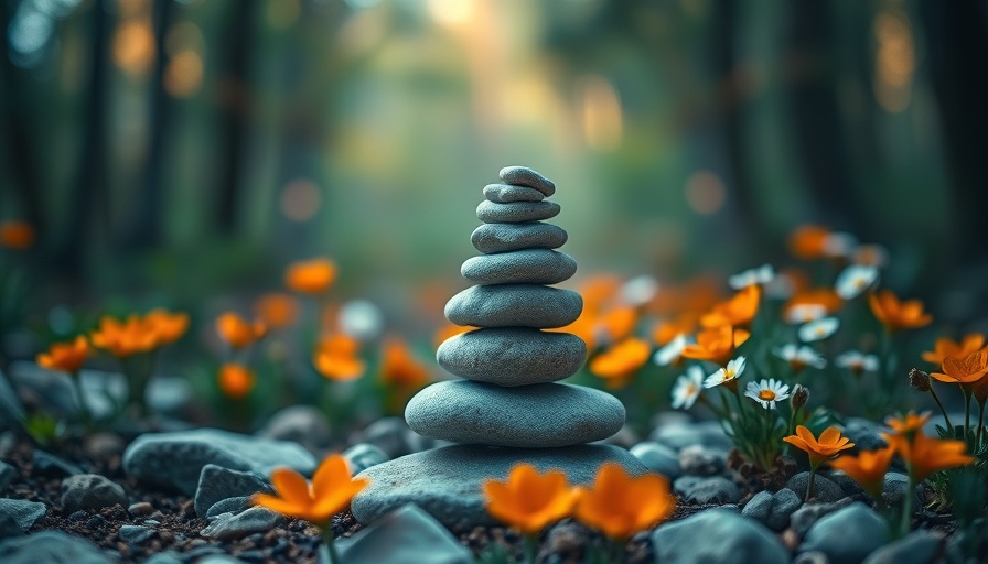 Serene stone stack in forest with flowers, symbolizing balance like a holistic life coach.