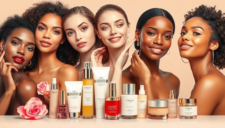 Collection of 2025 Beacon Awards beauty products and models in a vibrant setting.