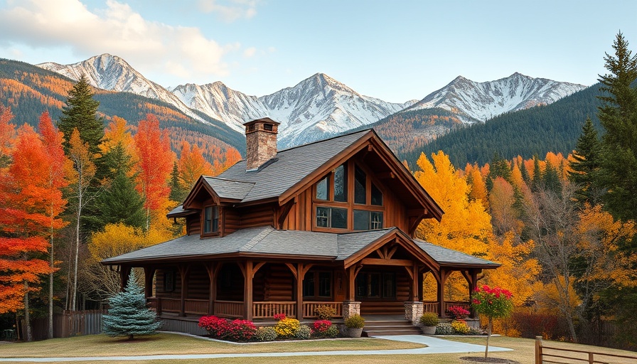 Rustic lodge in Adirondack style during autumn with mountain backdrop.