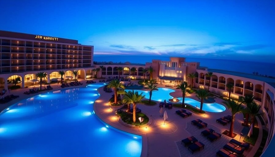 JW Marriott Los Cabos resort glowing at twilight with serene pools.