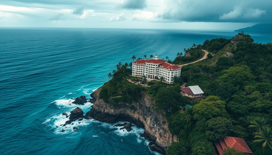 Hamakua Hotel on lush cliff overlooking ocean, dramatic scenery.