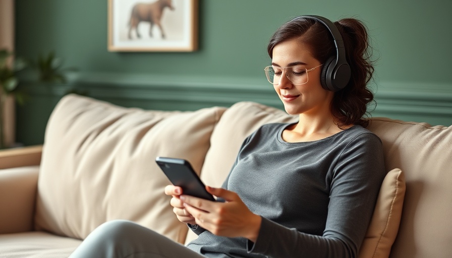 Woman with eye patches and headphones relaxing, using smartphone.
