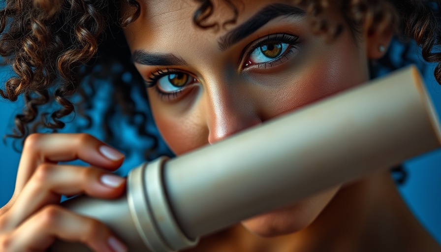 Portrait of a woman with curly hair holding a cylindrical object against a blue background.