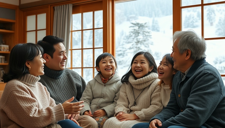 Family enjoying ski holiday in Japan with snowy view