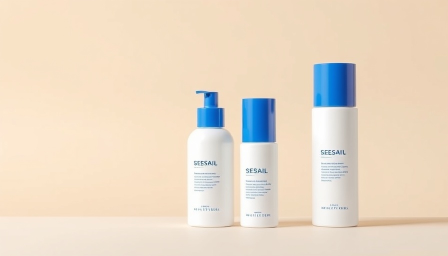 Magic Molecule skincare bottles with blue caps on beige background.
