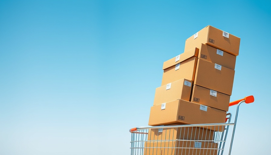 Shopping cart with boxes under blue sky illustrating impulse buying.
