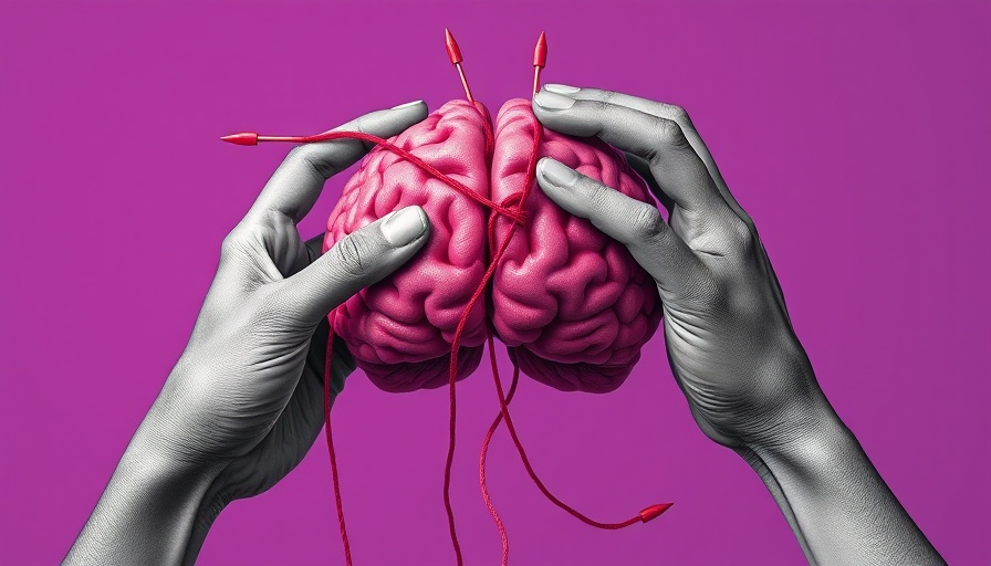Monochrome hands knitting a pink brain, creative hobbies for brain health concept.
