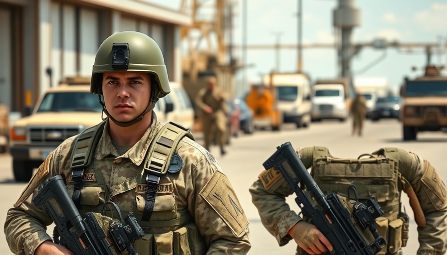 National Guard soldiers patrolling base during daytime.