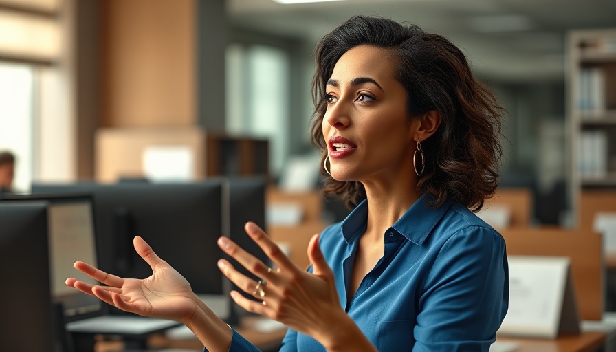 Confident woman in office, expressing thoughts, stop seeking male validation.