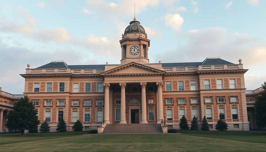 Historic university building with clock tower and trees.