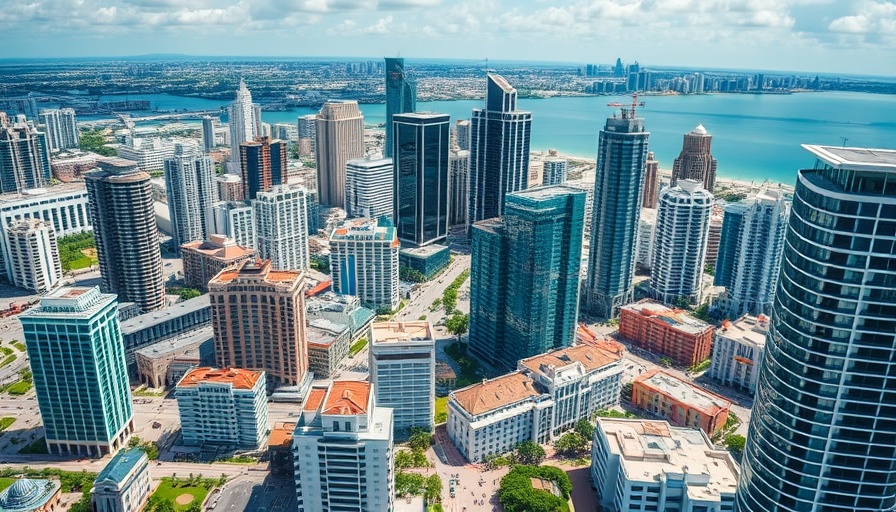 Miami urban landscape with skyscrapers and historic buildings in daylight.