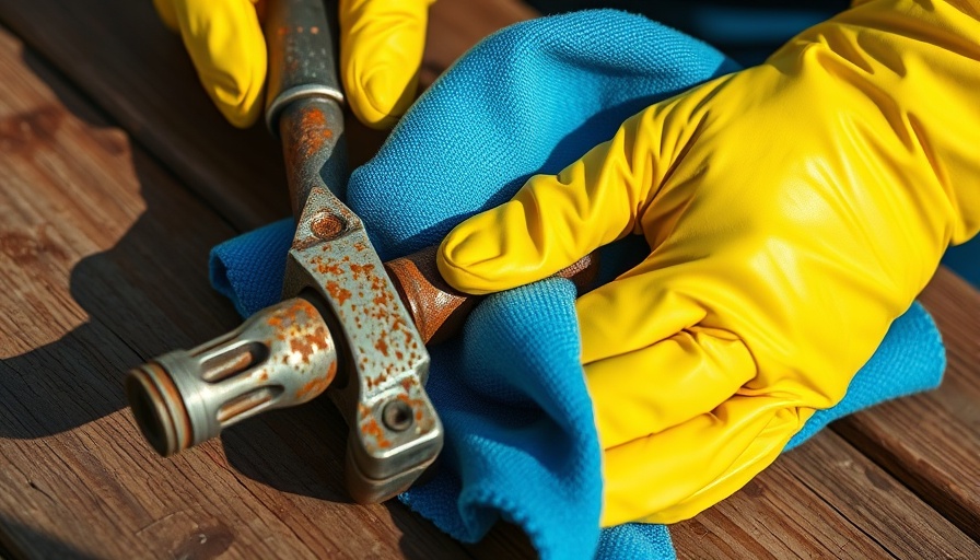 Person removing rust from metal tool using blue cloth and gloves