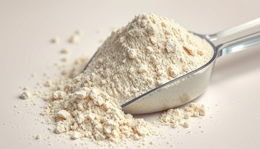 Protein powder heap in scoop under soft light