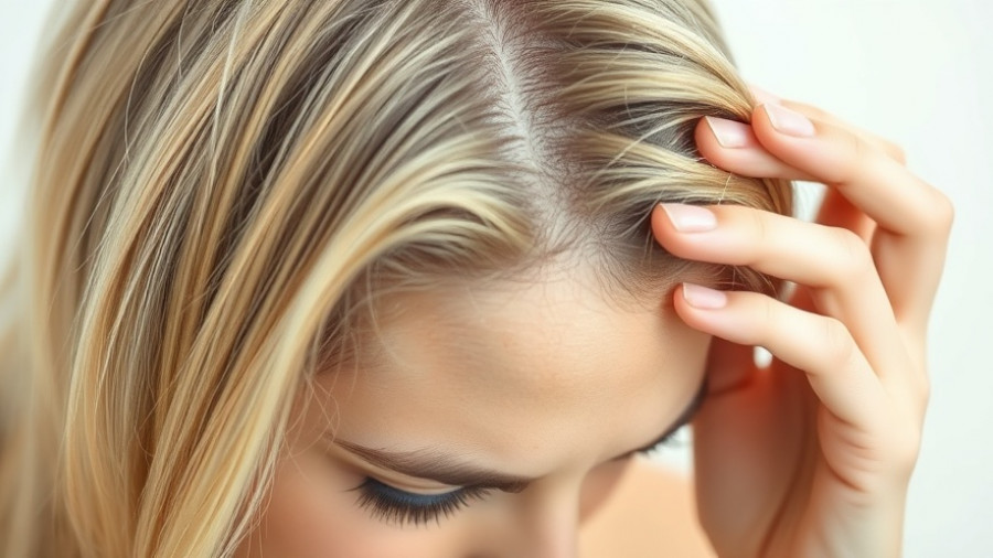 Woman checking scalp for oily and sticky dandruff, quick fixes focus.