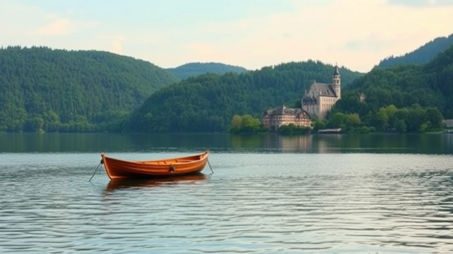 European lake with a wooden boat, scenic view.