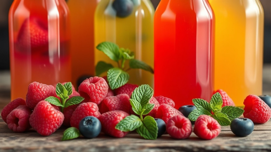 Various kombucha flavors on a wooden table with berries.