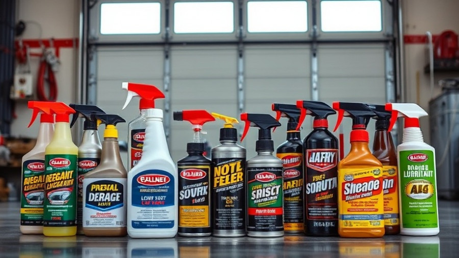 Selection of best garage door lubricants displayed in a garage.