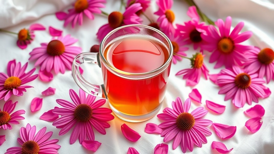 Glass mug of echinacea tea with pink flowers, highlighting health benefits.