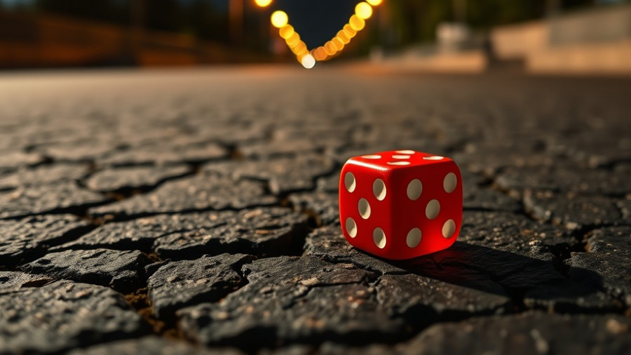 Red dice on asphalt marking in North Philadelphia gambling gathering shooting scene.