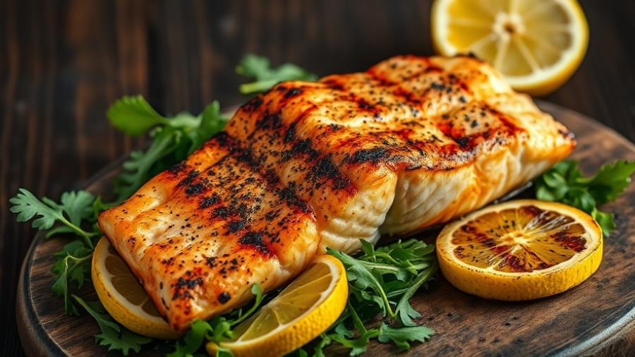 Grilled salmon fillet with greens and lemon on rustic table.