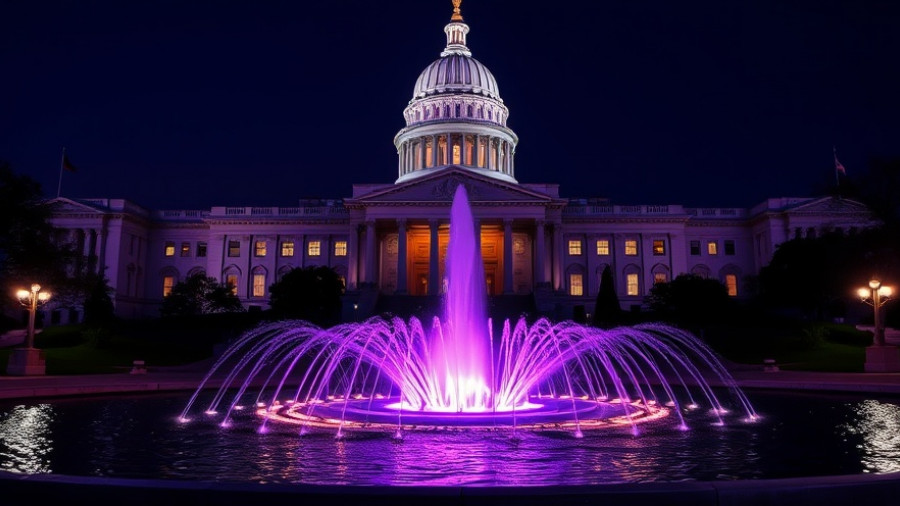 Pennsylvania capitol at night with illuminated fountain.