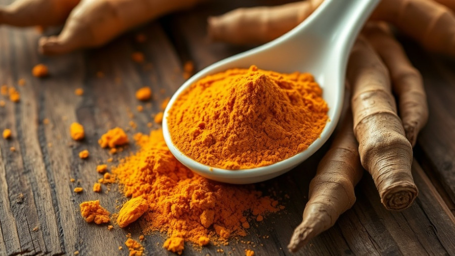 Turmeric powder and roots on rustic wood, emphasizing anti-inflammatory foods.