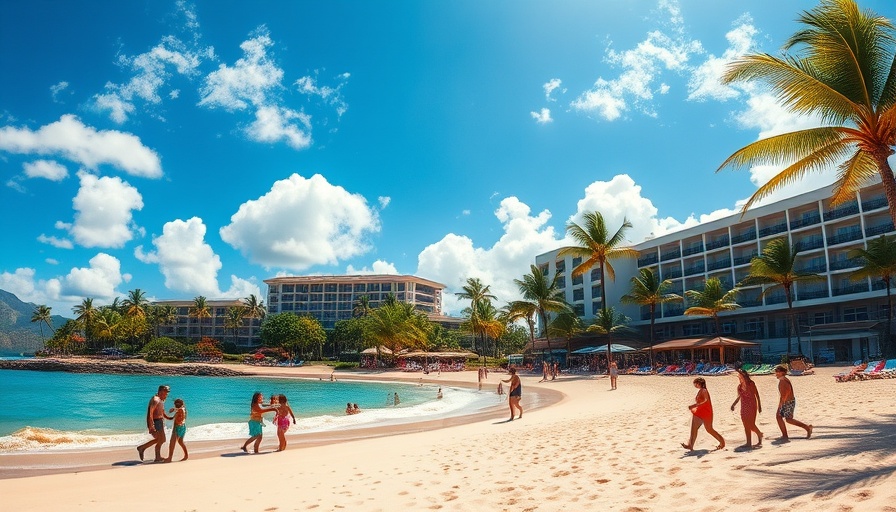 Hawaii resort beach scene with palm trees and blue skies