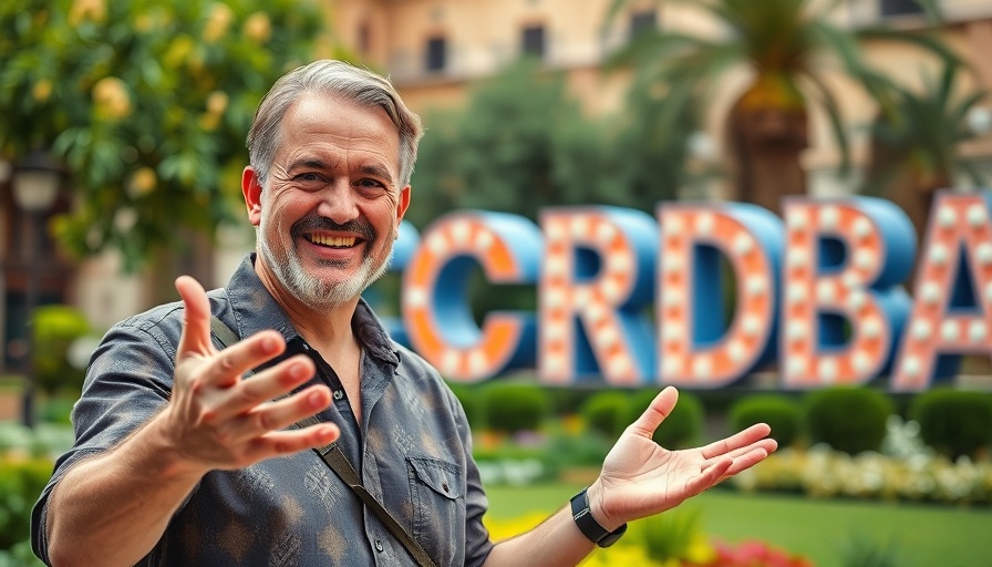 Don'ts of Visiting Cordoba: man gesturing with lush Cordoba backdrop.