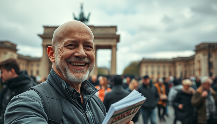 Traveling in England: Man smiling near monument with cloudy sky.