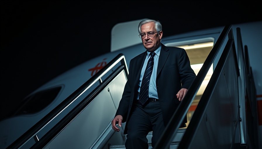 Older man descending airplane stairs, night setting.