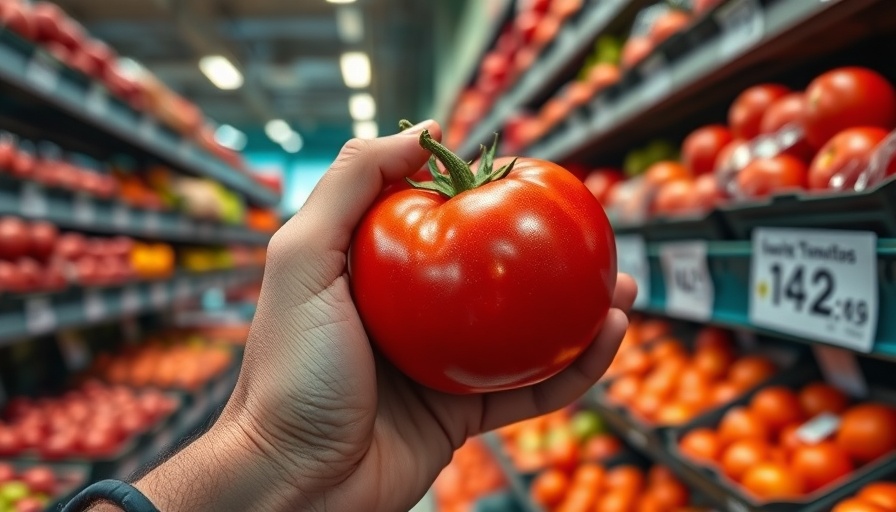 A hand holding a tomato during grocery shopping related to tomato recall salmonella.