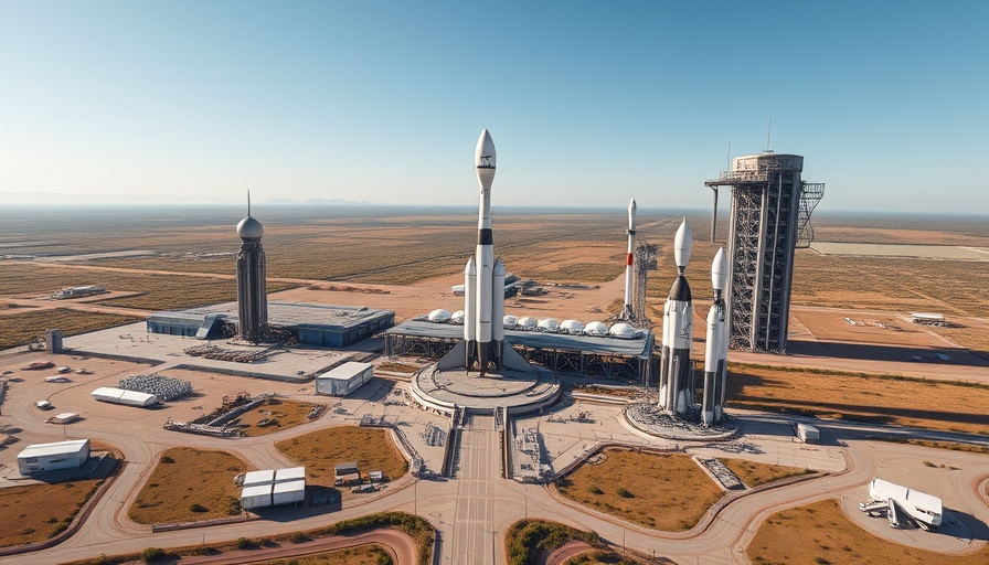 Elon Musk's Starbase Texas with rockets and facilities under clear sky.