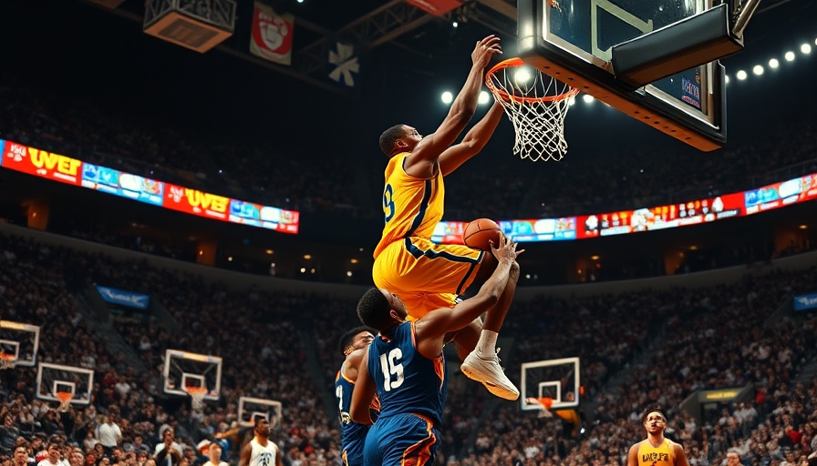 Intense basketball play during NBA game, dynamic action in stadium.