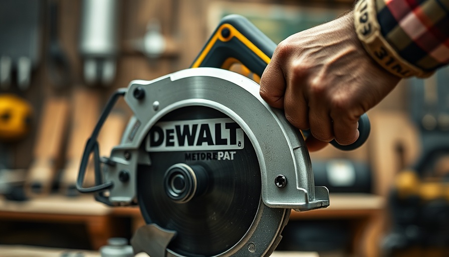 Vibrant close-up of DeWalt saw in action during Free DeWalt Power Tools Promotion.
