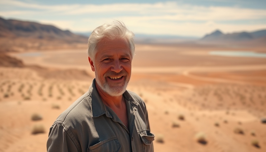 Middle-aged man in Atacama Desert with mountain and lake view.