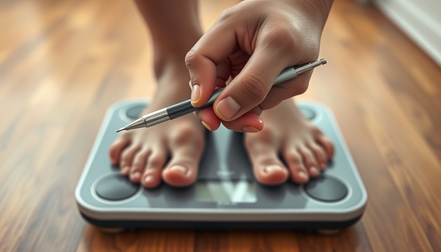 Close-up of Ozempic pen held over feet on scale, demonstrating side effect.