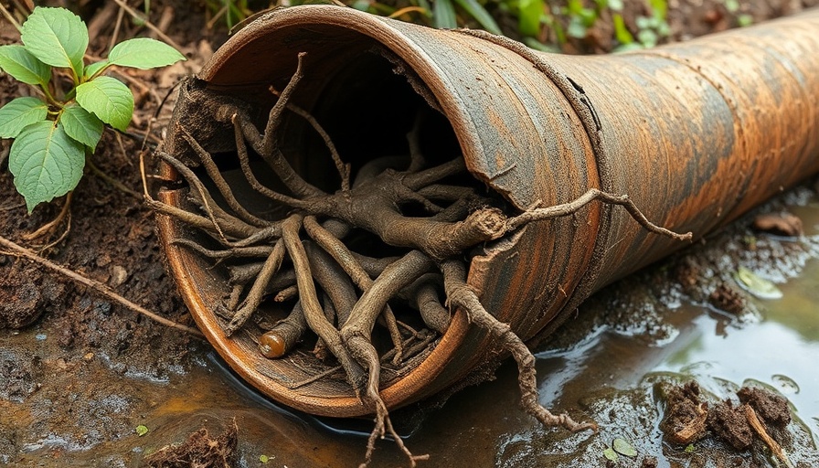 Close-up of sewer pipe with tree roots, illustrating root killers for sewer lines.