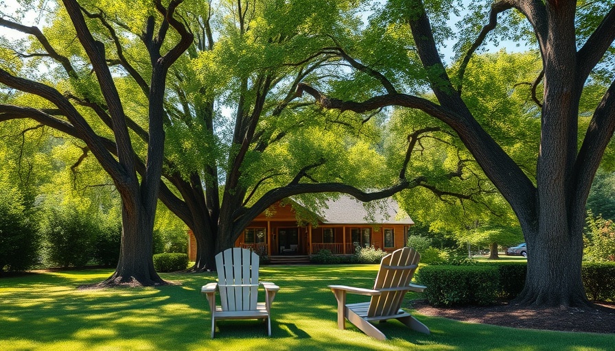 Backyard with best trees for privacy and shade, Adirondack chairs.