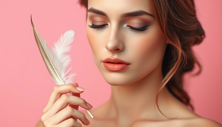 Elegant woman with feather on face, soft expression.