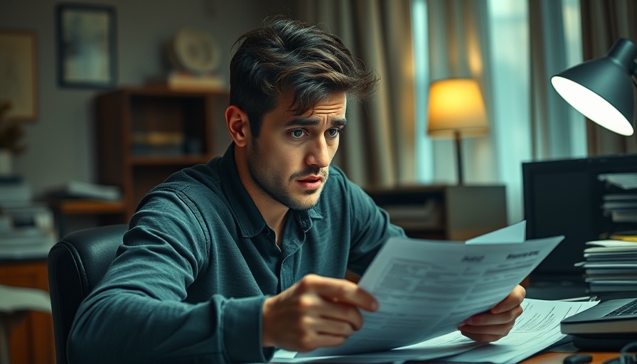 Concerned man reviewing finances at a cluttered desk.