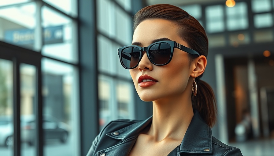Stylish woman with sleek hair hack, wearing sunglasses indoors.
