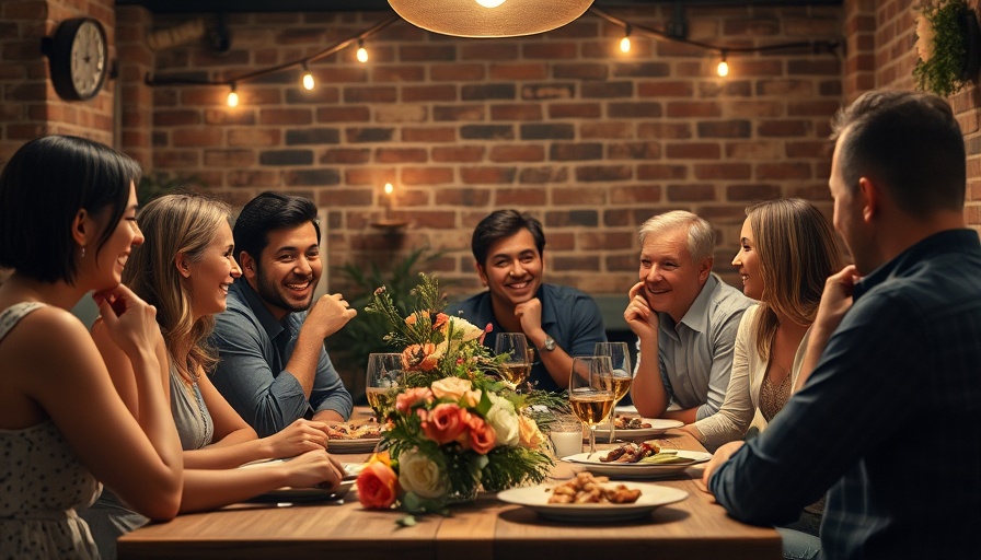 Lively friends dining in rustic setting discussing friend group drama tips.