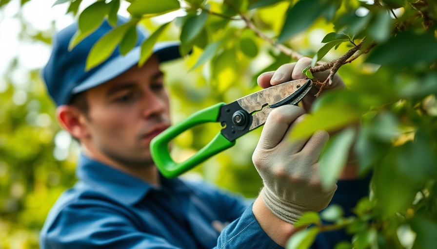 Gardener using loppers to prune tree branch outdoors.