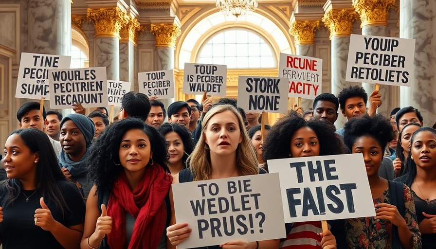 Protesters holding signs in ornate building, focusing on property rights.
